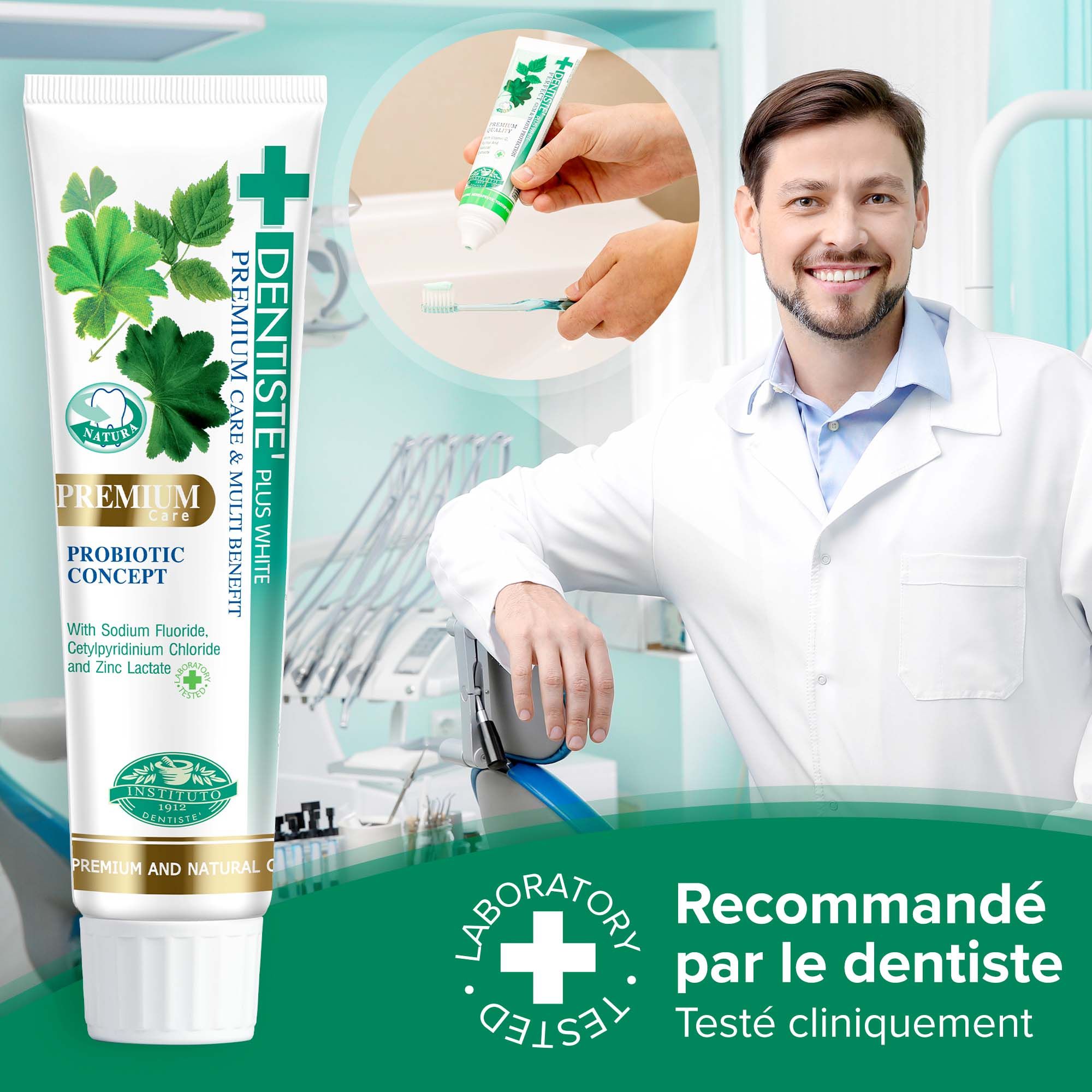 Tube de dentifrice avec feuilles vertes, inscription "Dentiste Premium Care", avec fluorure de sodium.