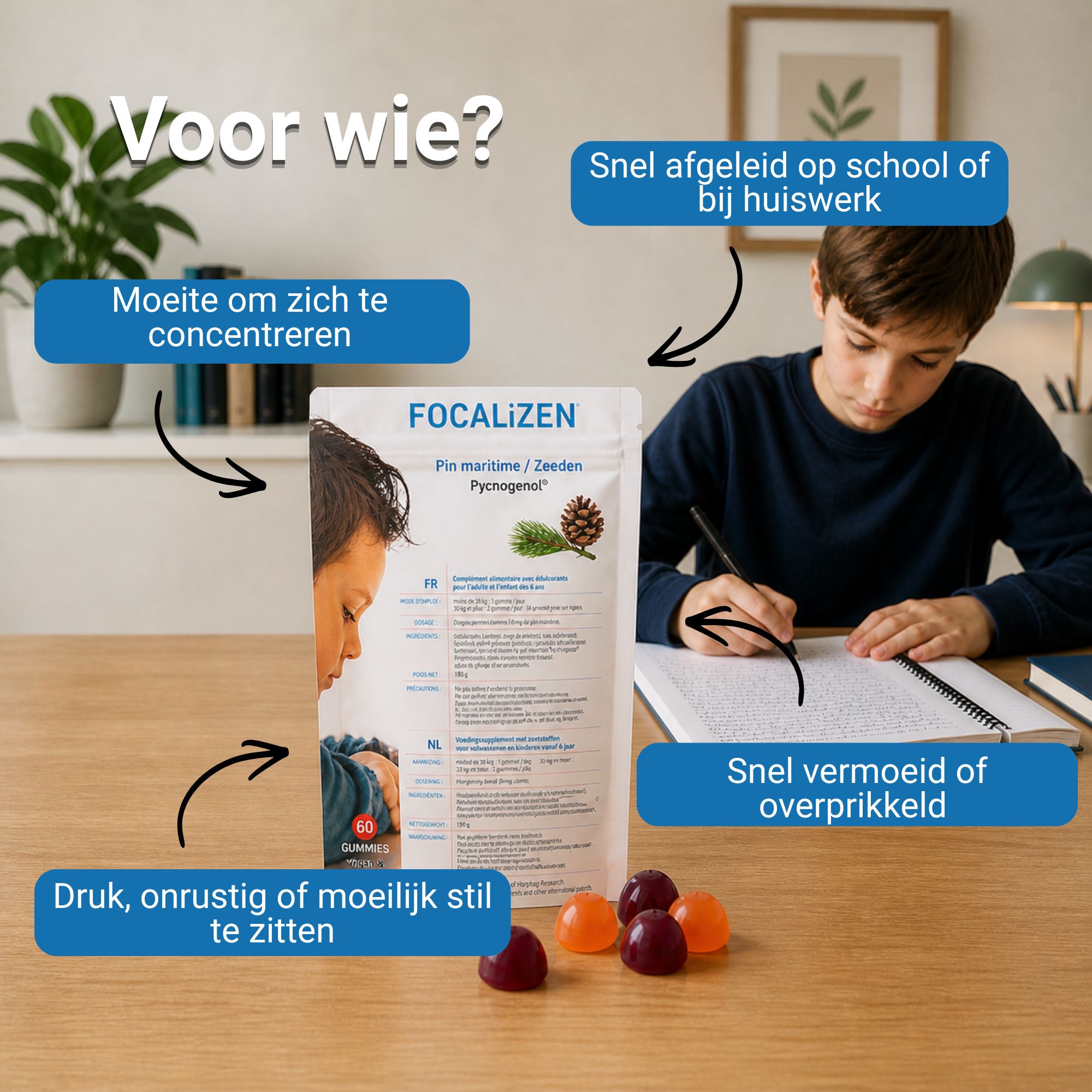 Jonge jongen schrijft in een notitieboek, FOCALiZEN-zakje en gummies ernaast.