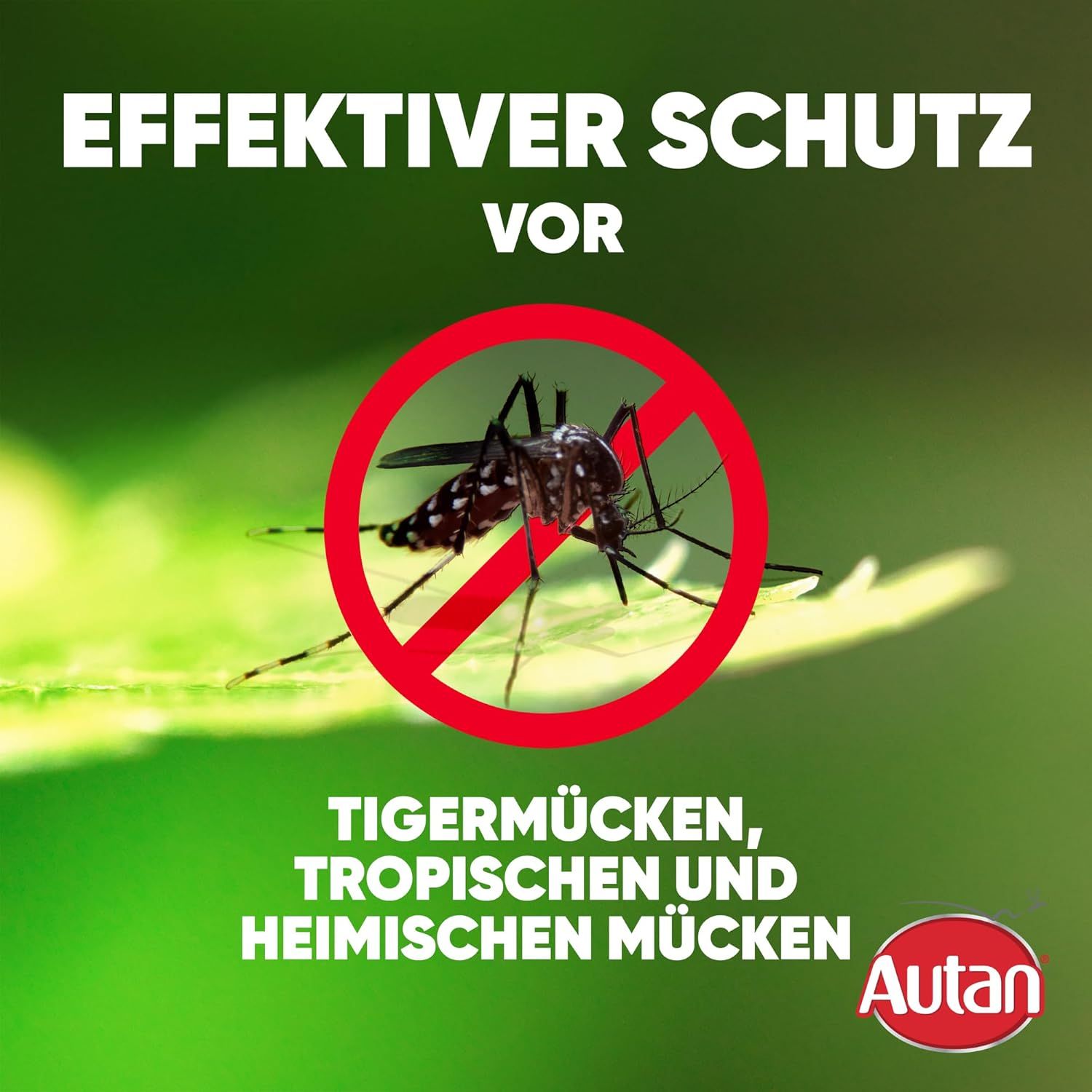 Fond vert avec texte: Protection efficace contre les moustiques tigres, tropicaux et domestiques. Panneau d'interdiction rouge sur moustique. Logo Autan.