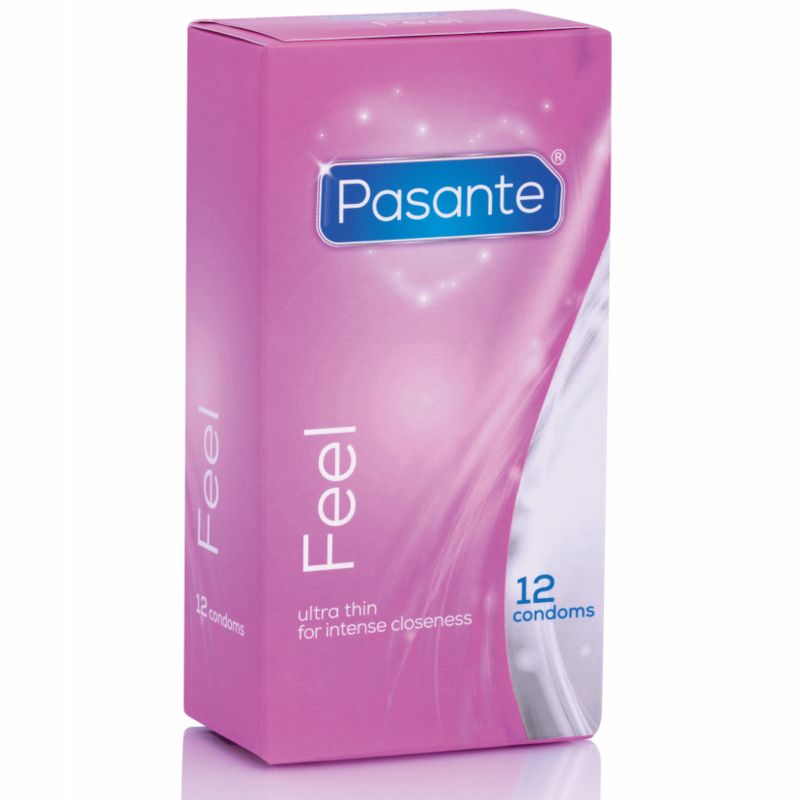 Boîte rose Pasante Feel, 12 préservatifs. Ultra fin pour une intimité intense.