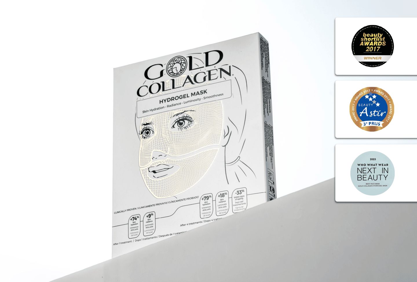 Verpakking Gold Collagen Hydrogel Mask. Witte doos met tekst en prijzen. Tekst: Hydrogel Mask, Beauty Shortlist Awards, Astir.