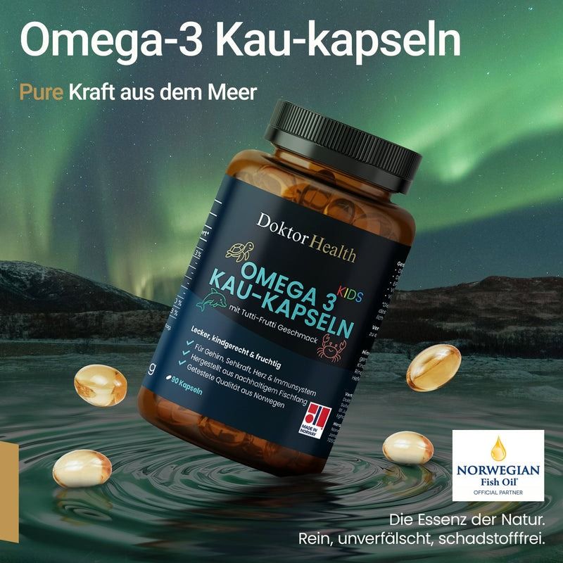Bruine fles Omega-3 kauwcapsules. Blauw etiket met info. Capsules verspreid. Logo: Norwegian Fish Oil.