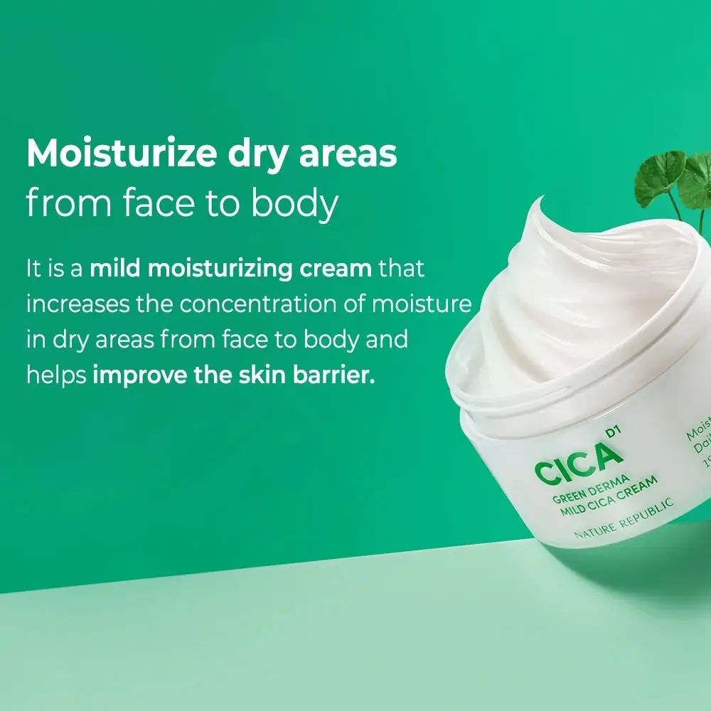 Pot blanc avec inscription verte CICA, Green Derma Mild Cica Cream. Crème sur fond vert. Texte : Moisturize dry areas.
