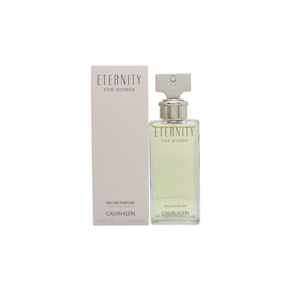 Eau de Parfum fles en verpakking. Opschrift: Eternity for Women, Calvin Klein. Rechthoekige fles met zilveren dop.