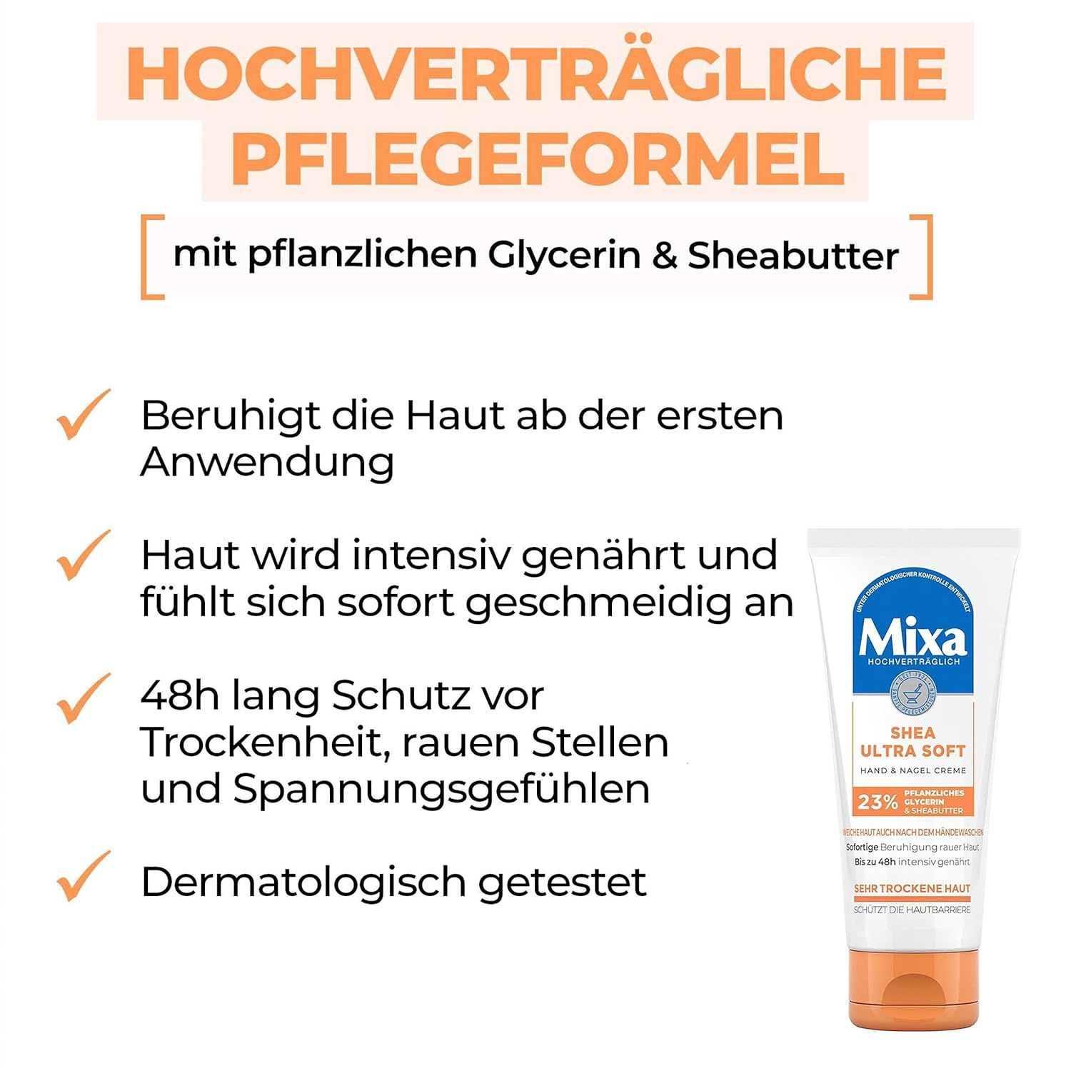 Graphique avec texte: apaise la peau, hydrate, protection 48h, testé dermatologiquement. Image du produit.