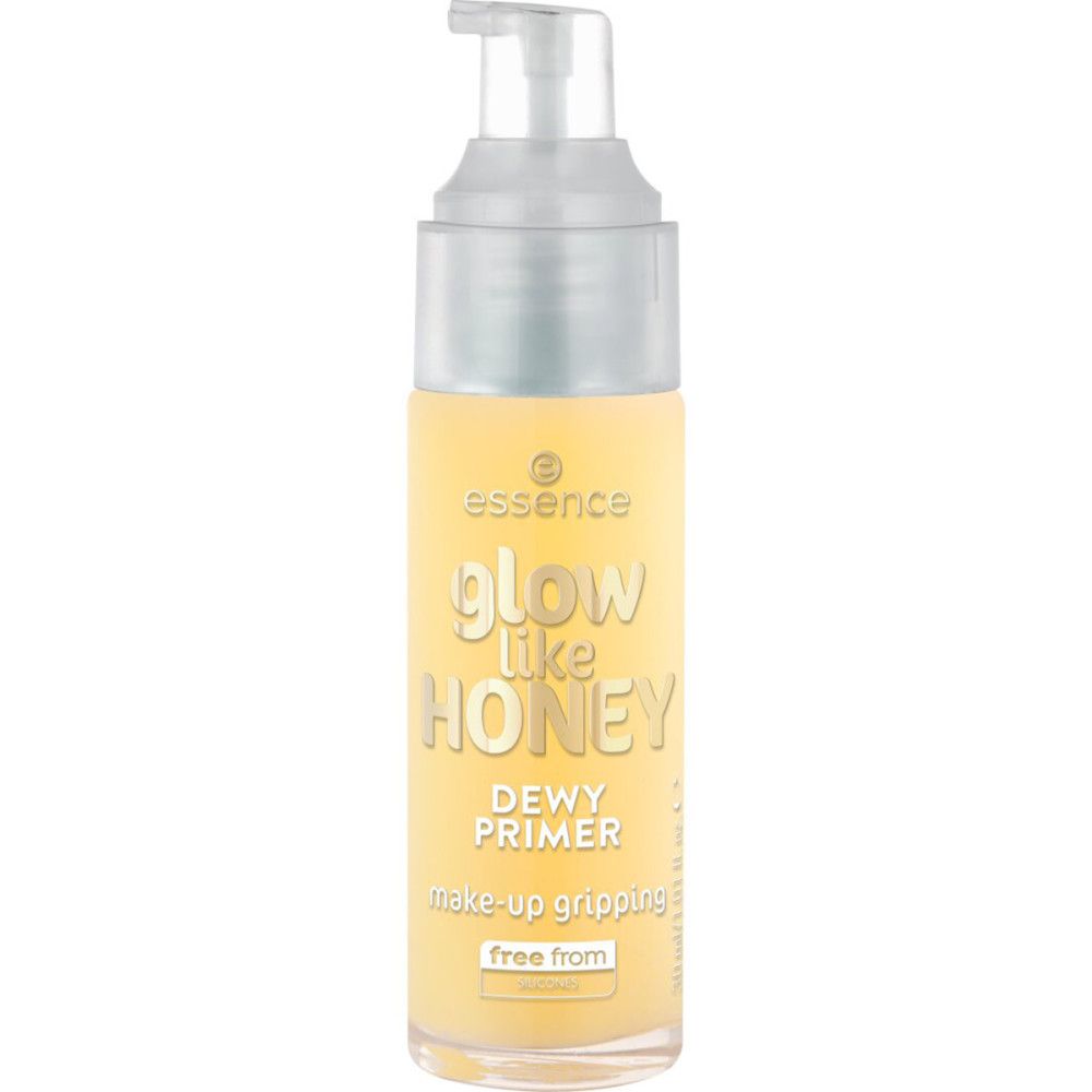 Flacon jaune avec pompe. Inscription: glow like HONEY, DEWY PRIMER, make-up gripping, free from.
