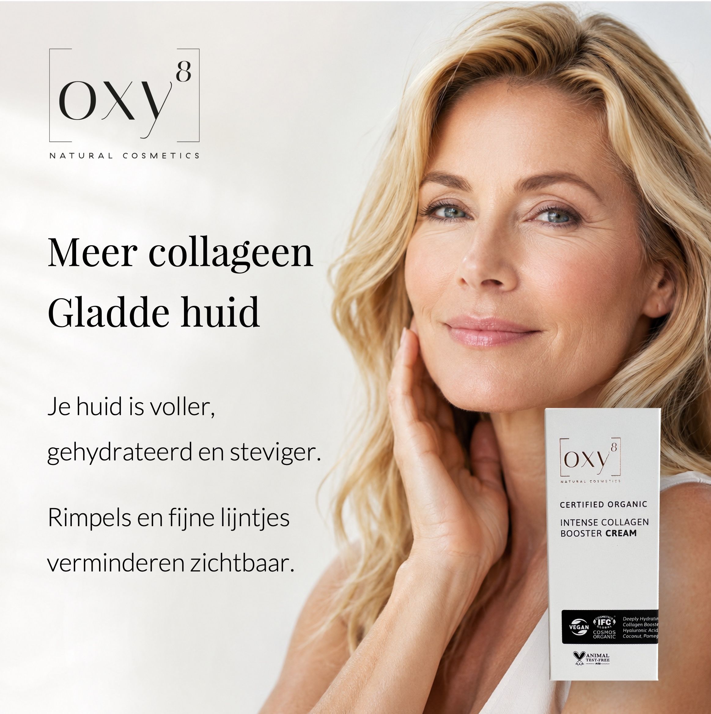 Advertentie: Vrouw met gladde huid, tekst: Meer collageen, Gladde huid