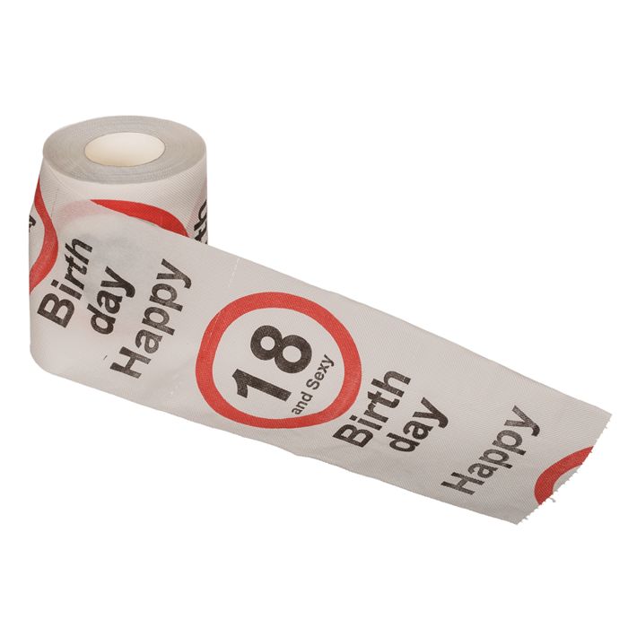 Afgerolde rol toiletpapier met opdruk. Tekst: Happy Birthday, 18 and Sexy. Rode cirkel met leeftijdsindicatie.