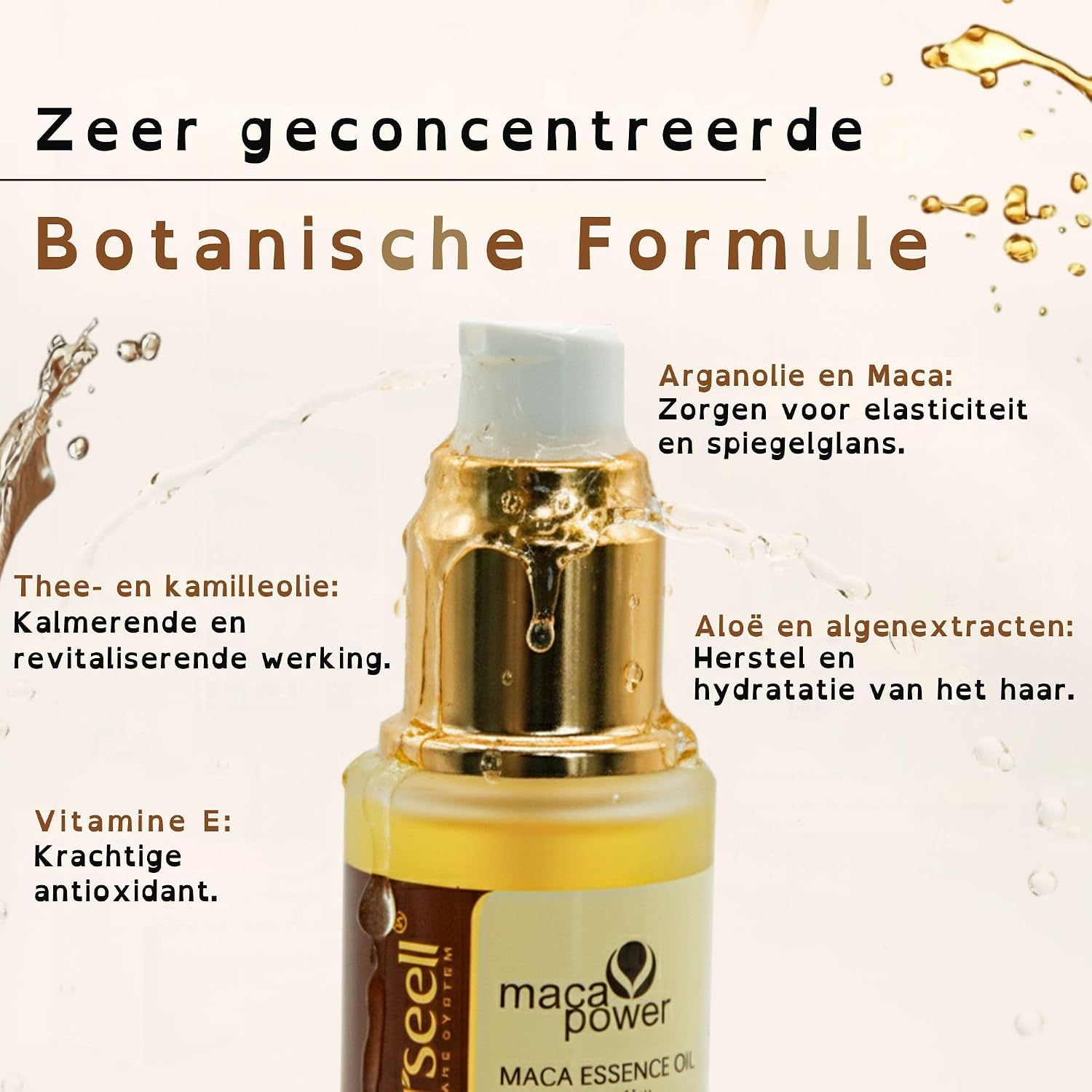 Fles met gouden pipet, met Maca Essence Olie en botanische formule.