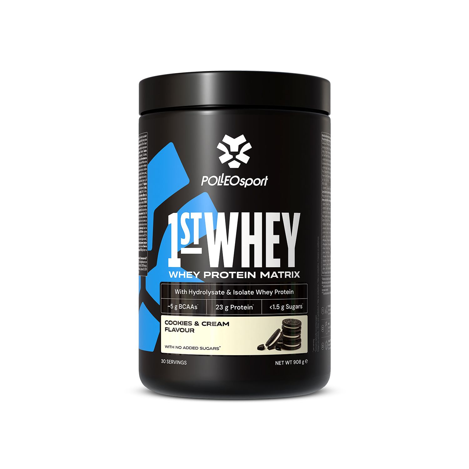 Pot noir "1ST:WHEY". Contient 23g protéines, 5g BCAA et moins de 1,5g sucre. Goût Cookies & Cream. 30 portions.