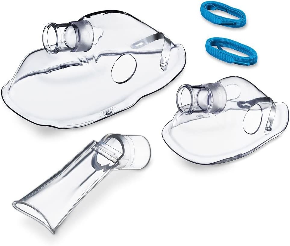 Accessoires: maskers en mondstuk. Blauwe ringen. Transparante materialen.