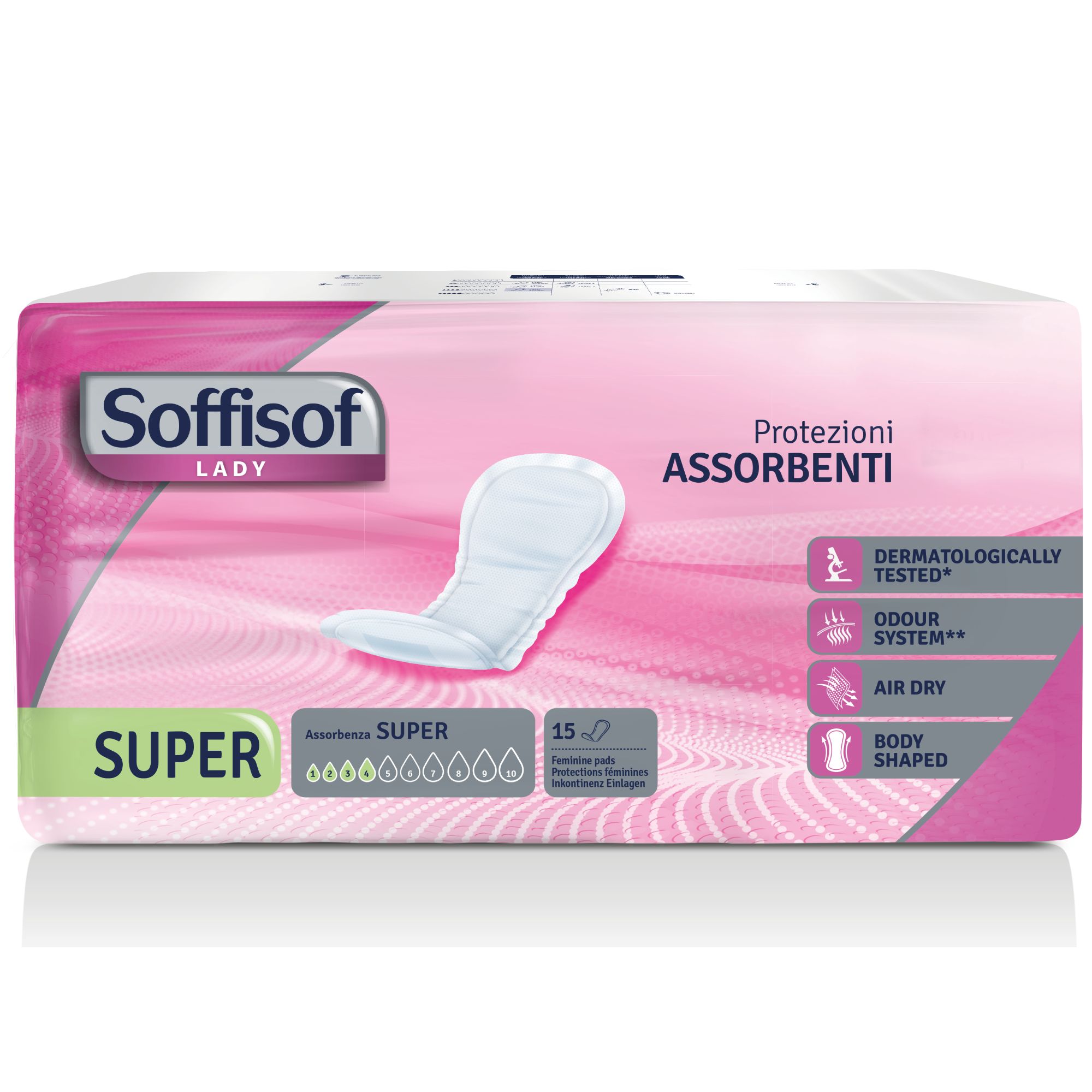 Paquet de Soffisof Lady Super. Fond rose, produit représenté, texte SUPER, 15 unités. Caractéristiques: testé dermatologiquement.