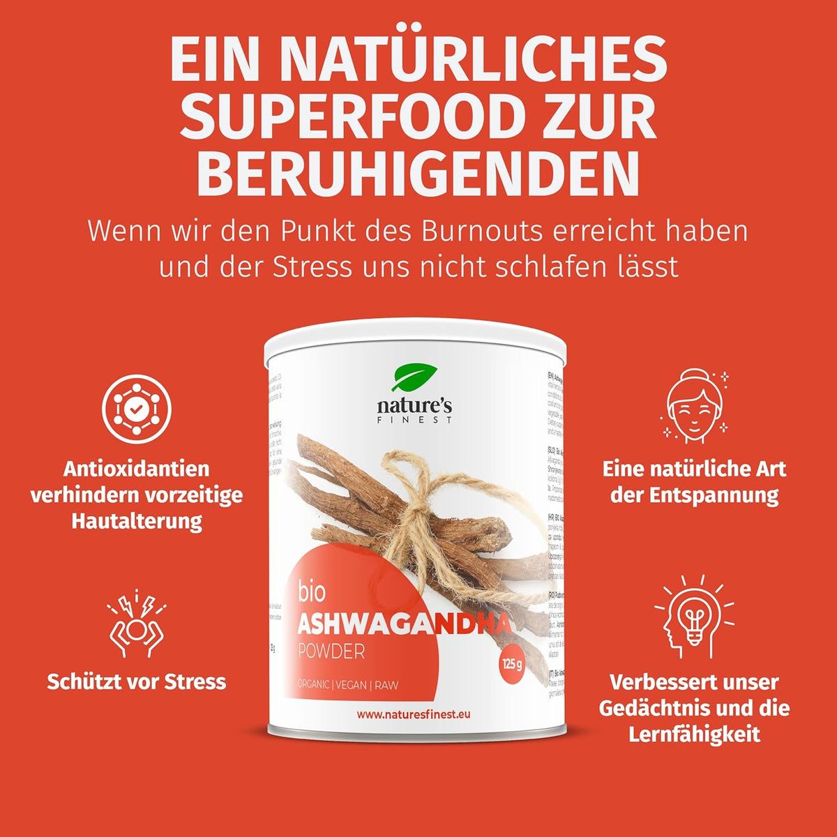 Potje bio Ashwagandha poeder. Opschrift Nature's Finest. Tekst en iconen op rode achtergrond.