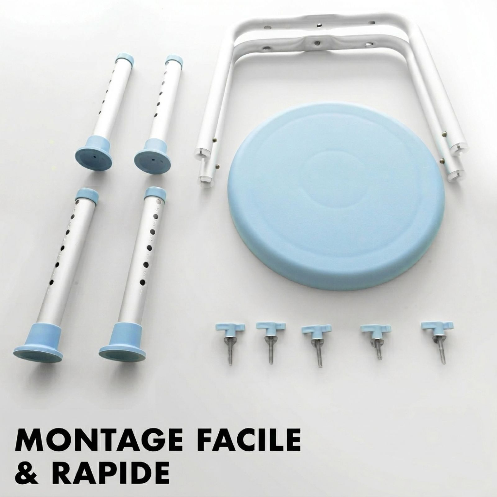 Composants du tabouret de douche : siège, pieds, vis. Montage facile et rapide.