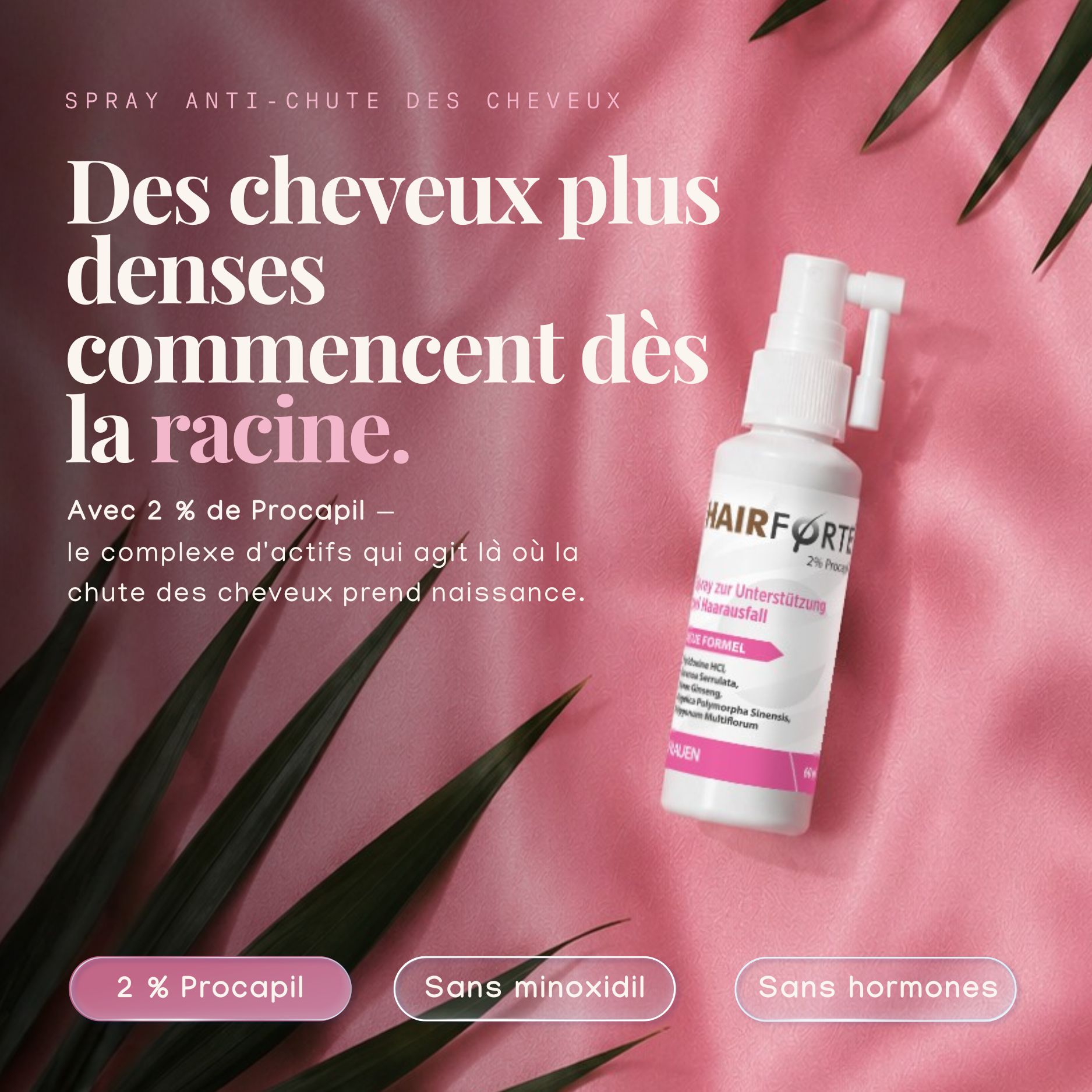 Spray Hairforte 2% Procapil sur fond rose avec feuilles de palmier.