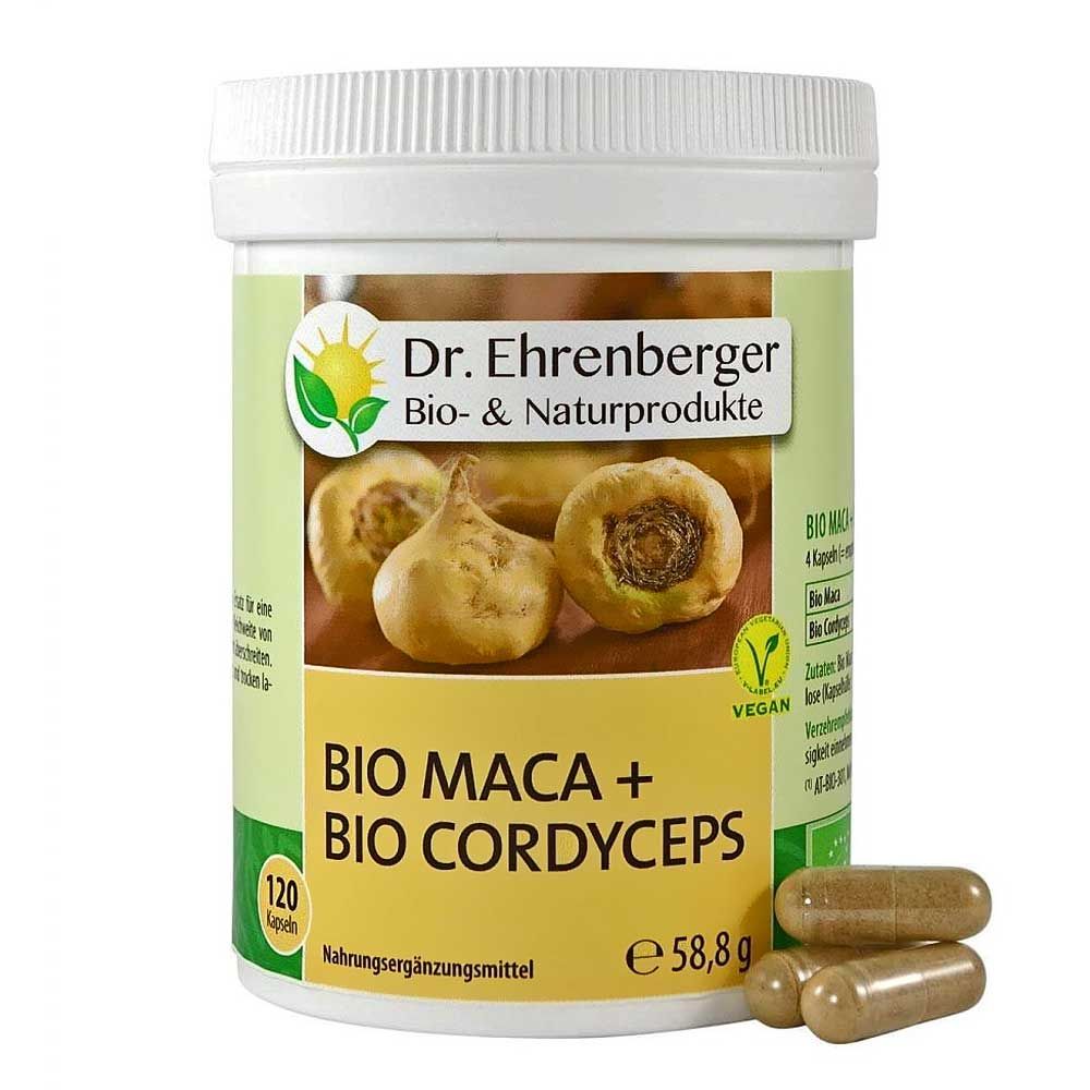 Witte plastic pot met capsules. Opschrift: Dr. Ehrenberger, Bio Maca + Bio Cordyceps, 120 capsules, vegan.