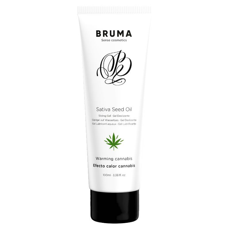 Bruma Sativa Seed Oil glijmiddel in witte tube met zwarte dop. Cannabisblad-symbool.