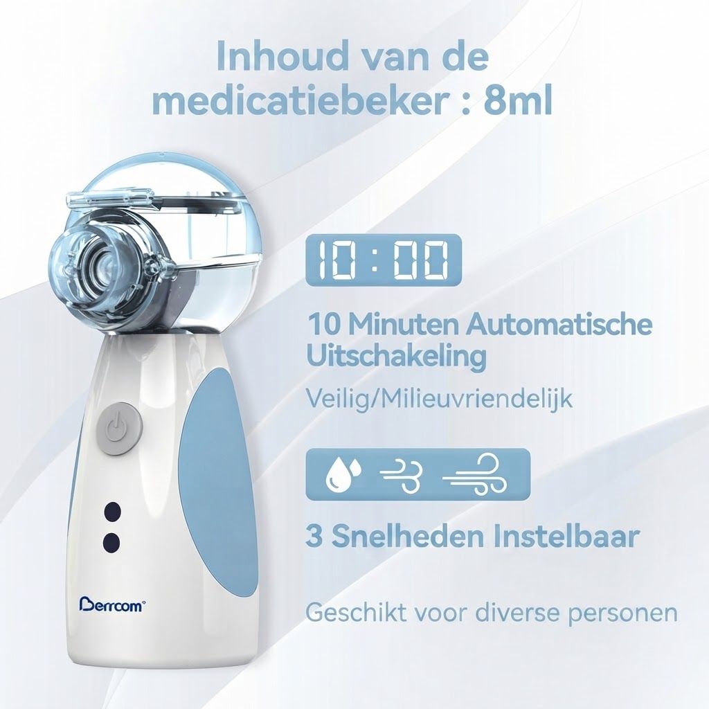 Draagbaar vernevelapparaat met 8ml medicatiebeker, 10 minuten automatische uitschakeling en 3 instelbare snelheden.