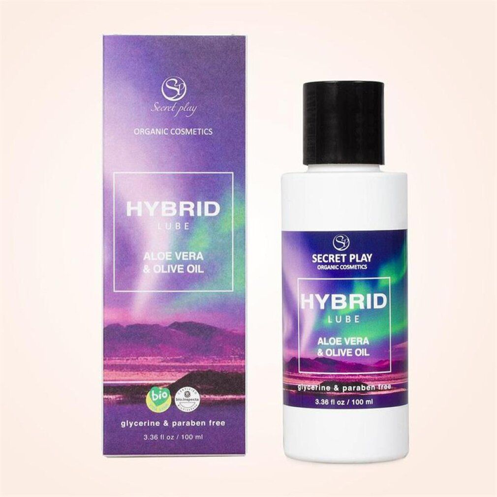 Bouteille et boîte de Hybrid Lube, 100 ml, à l'aloe vera et à l'huile d'olive. Sans glycérine ni parabène.
