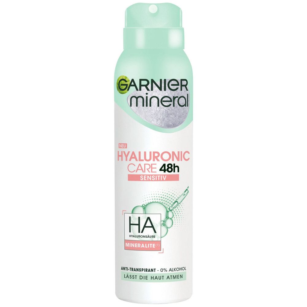 Spray déodorant Garnier Mineral. Bouteille blanche et verte avec tête de pulvérisation. Inscriptions : Hyaluronic Care 48h, Sensitiv, Mineralite.
