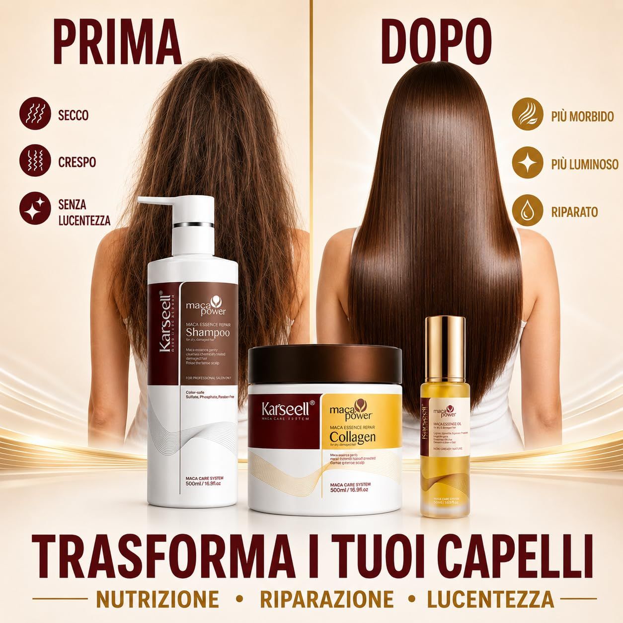 Comparaison avant-après de produits capillaires : cheveux secs et crépus deviennent lisses et brillants.