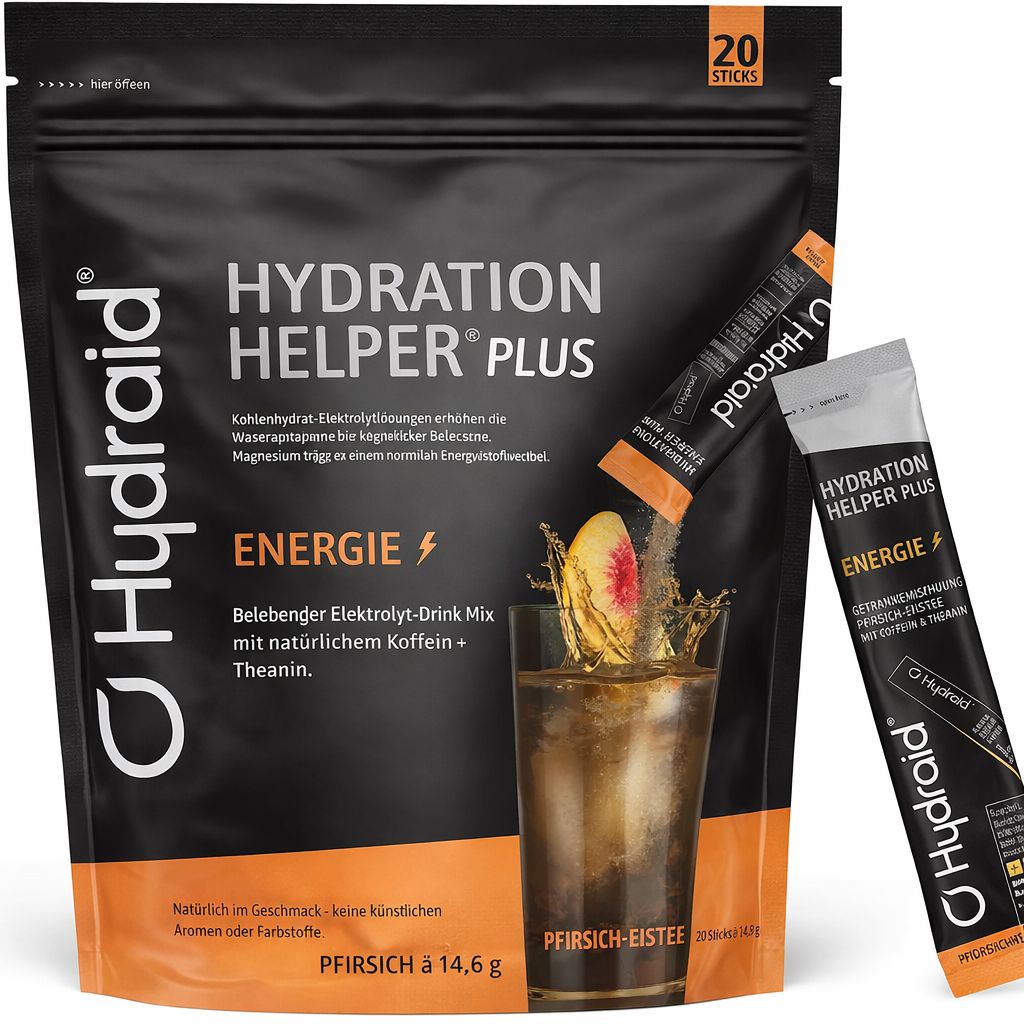 Hydraid Hydration Helper Plus Énergie Thé glacé Pêche. Un stick est versé dans un verre avec des glaçons et de la pêche. Contient de la caféine et de la théanine.