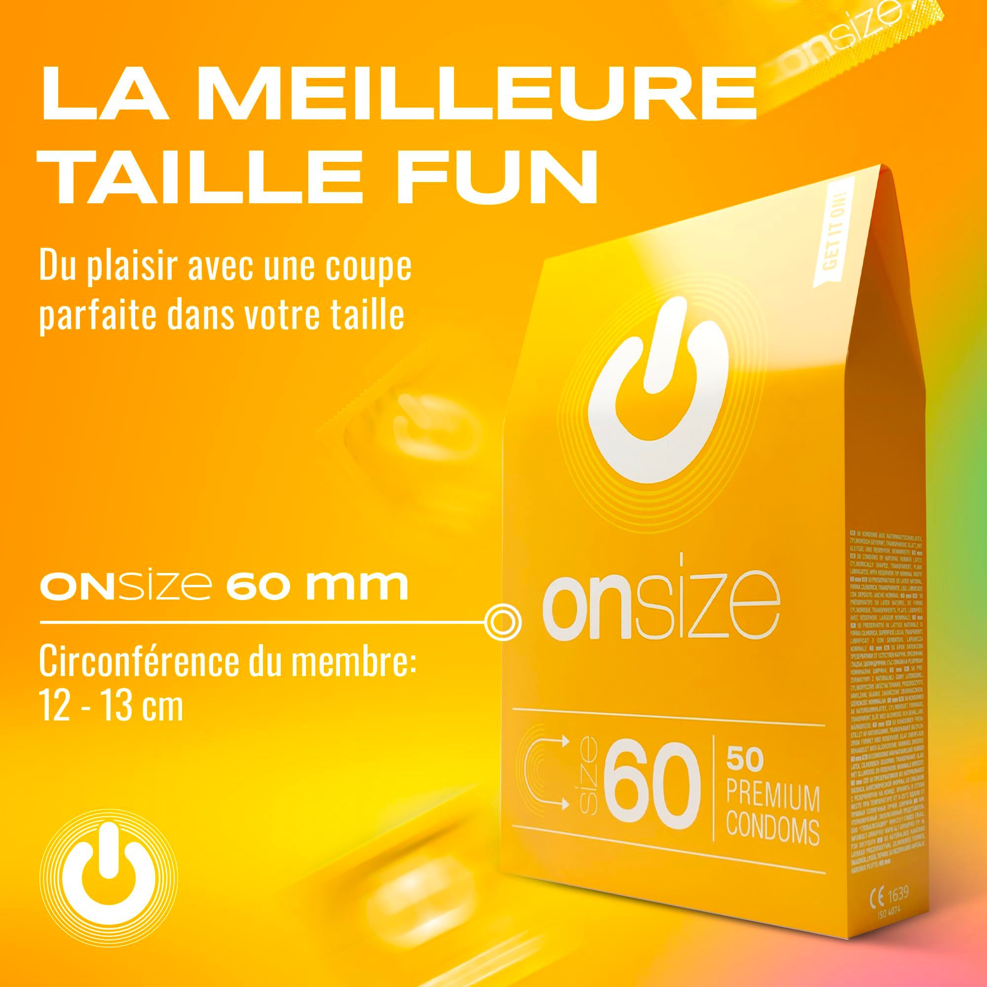 Boîte ONsize 60mm, 50 préservatifs premium. Texte : Comment mesurer la taille.