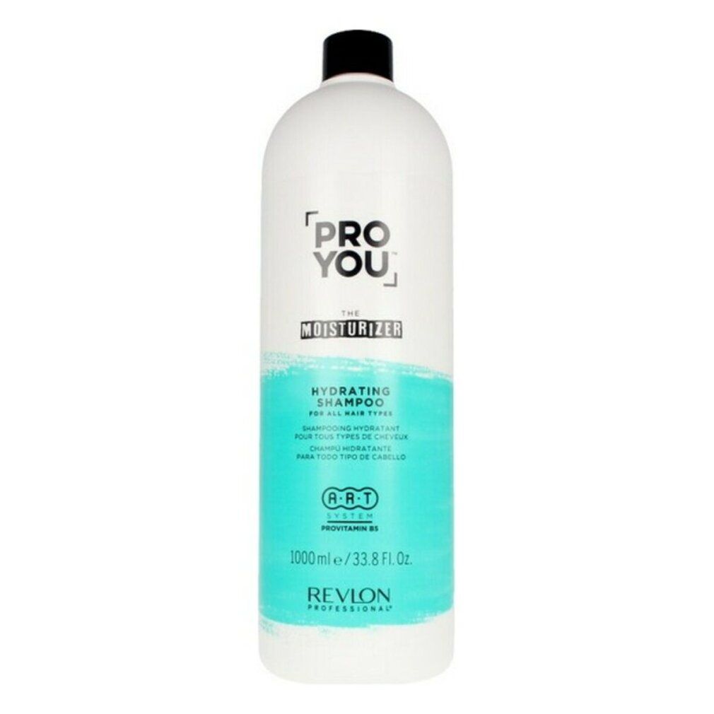 Witte fles met zwarte dop. Opschrift: PRO YOU, THE MOISTURIZER, HYDRATING SHAMPOO. Turquoise streep. Revlon Professional.