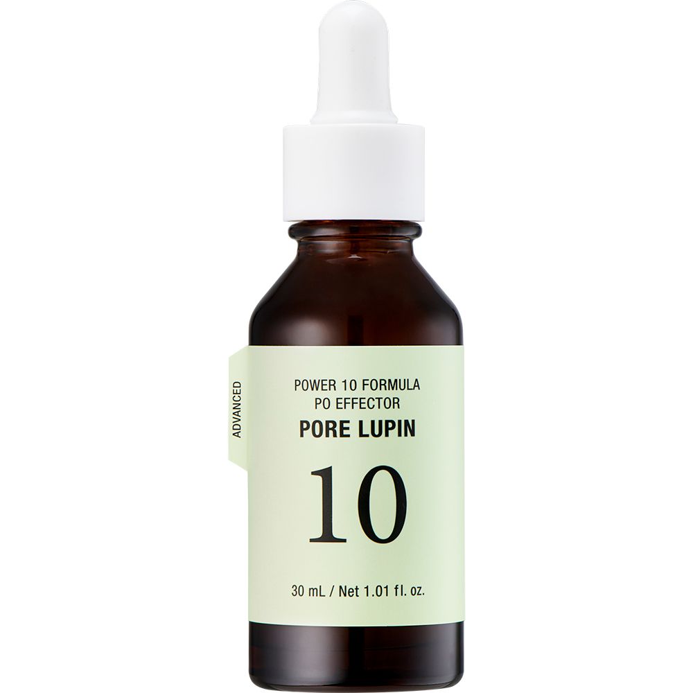 Bruine fles met pipet. Opschrift: Power 10 Formula PO Effector Pore Lupin 10. 30 ml.