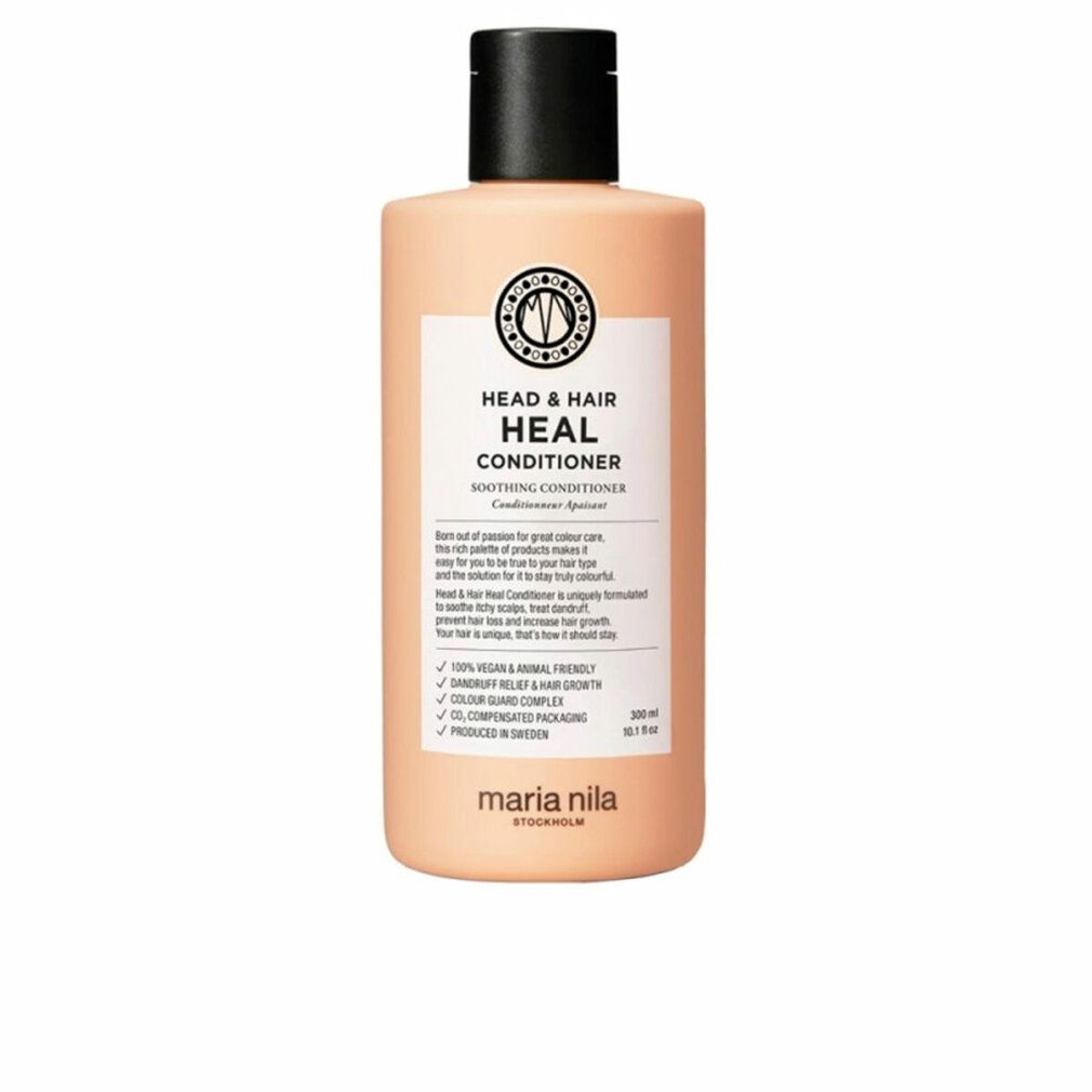 Flacon beige à bouchon noir. Inscription: HEAD & HAIR HEAL CONDITIONER. Marque: Maria Nila. 300 ml.