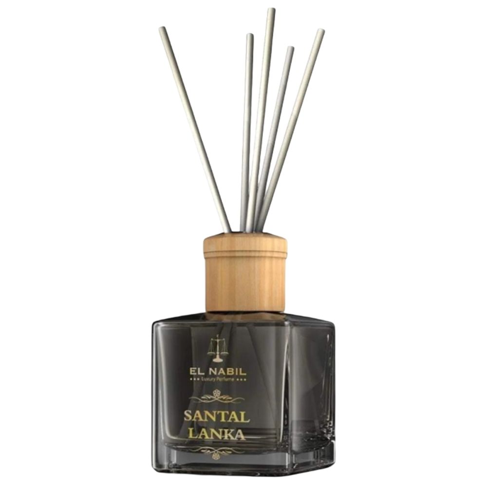Diffuseur de parfum en verre carré avec couvercle en bois et bâtonnets. Inscription : SANTAL LANKA. Marque : EL NABIL.
