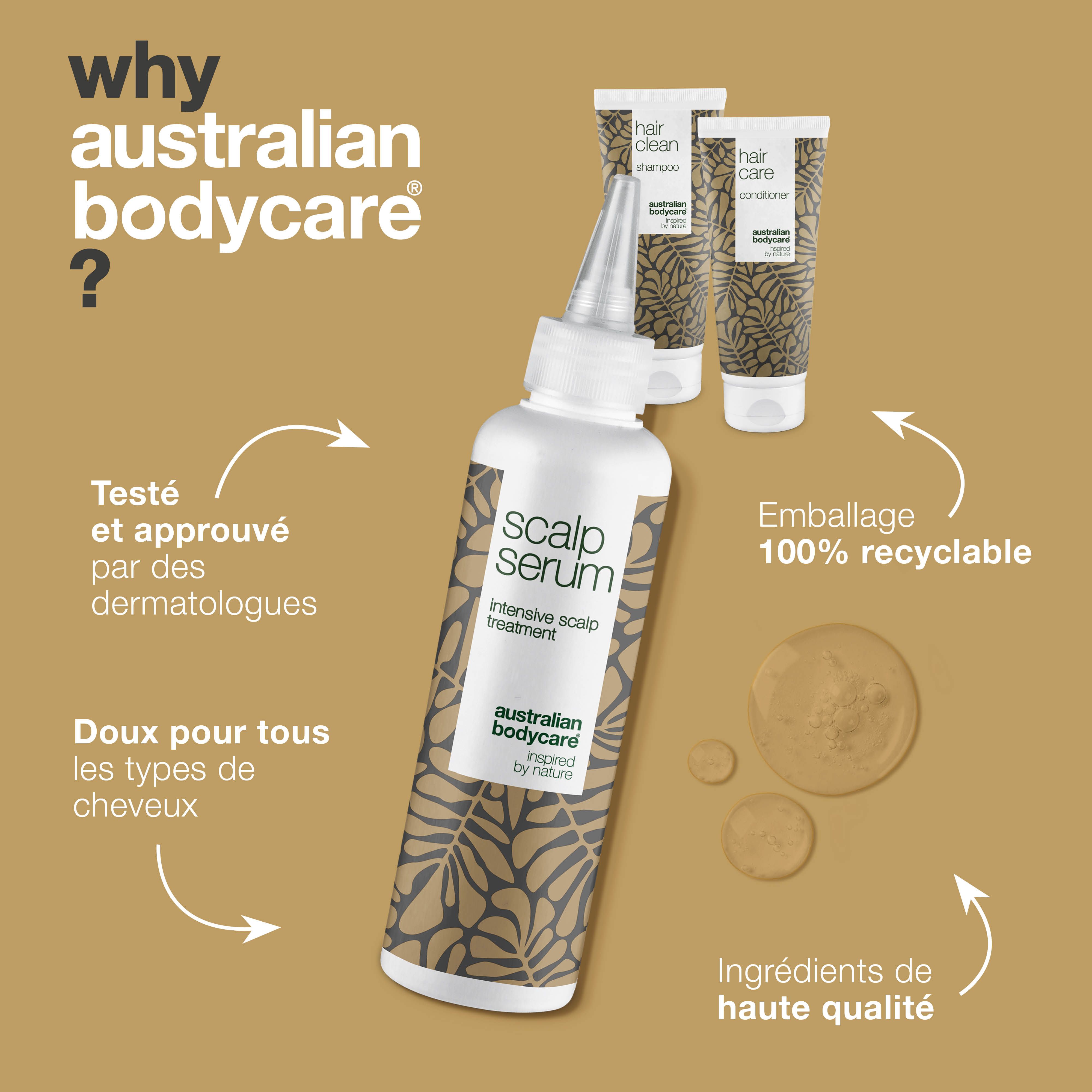 Pourquoi Australian Bodycare ? Shampooing, après-shampooing et sérum. Bouteilles blanches avec motif de feuilles marron. Australian Bodycare.