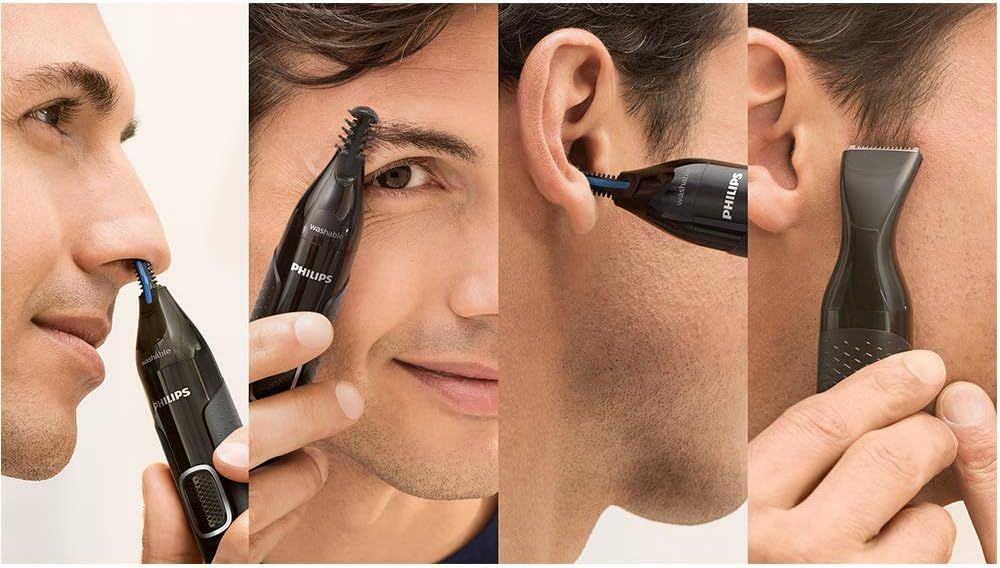 Montage van vier voorbeelden van het gebruik van de Philips trimmer.