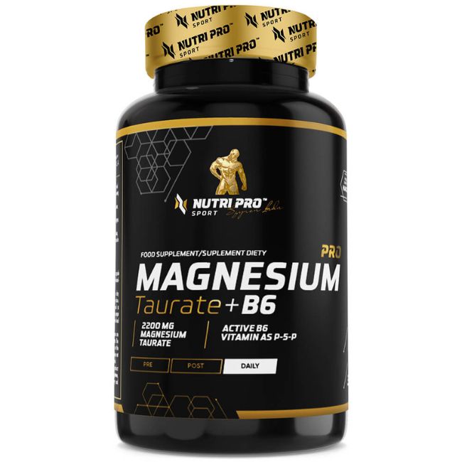 Zwarte pot Nutri Pro Sport Magnesium Taurate + B6. Bevat 2200 mg magnesiumtauraat en actieve B6.