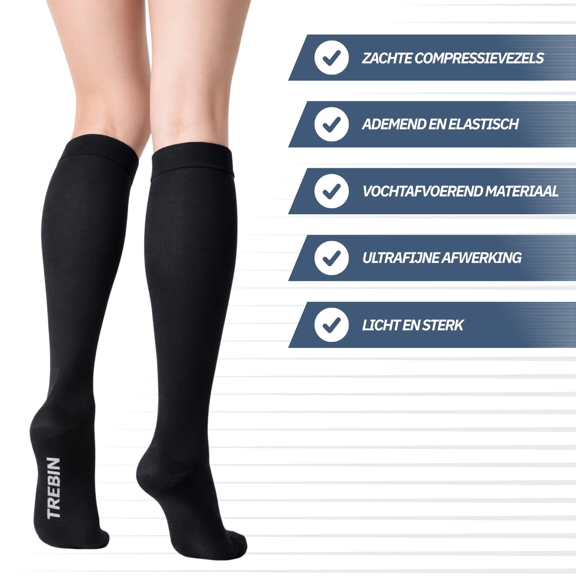 Chaussettes de compression noires avec infographie des avantages.