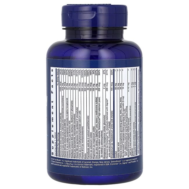 Flacon bleu avec étiquette blanche. Contient des informations nutritionnelles et des ingrédients. Vue arrière.
