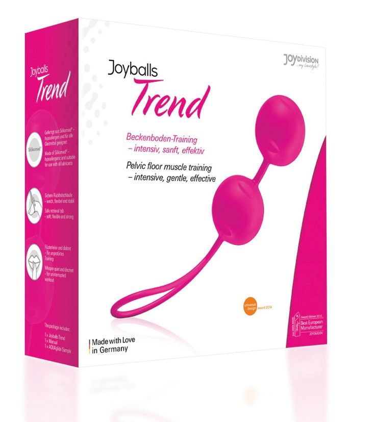 Joyballs Trend roze bekkenbodemtrainer doos met twee ballen en koord.