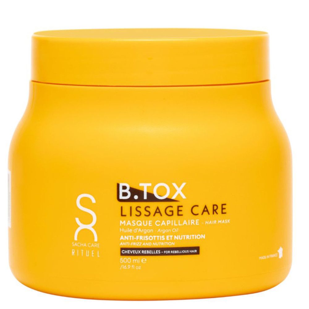 Pot jaune avec inscription: B.TOX LISSAGE CARE, Masque Capillaire. Texte: Anti-frisottis et nutrition.