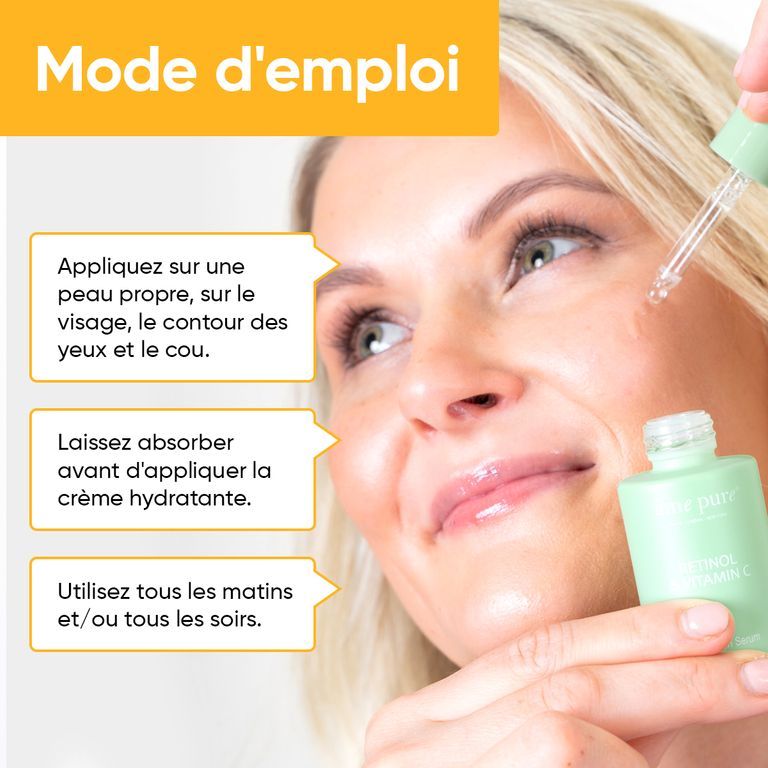 Une femme applique le sérum âme pure Retinol & Vitamine C, avec des instructions d'application.