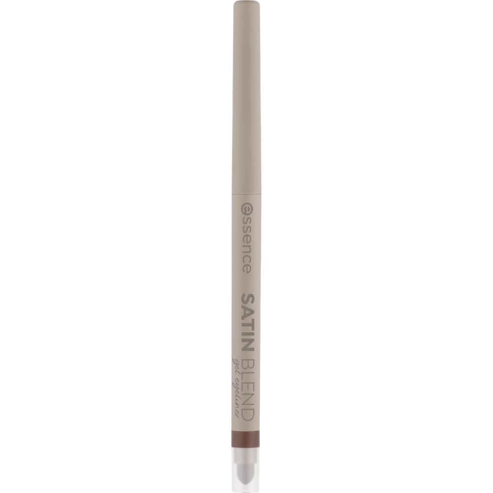 Crayon eyeliner avec mine marron. Boîtier beige. Inscription: Essence, Satin Blend.