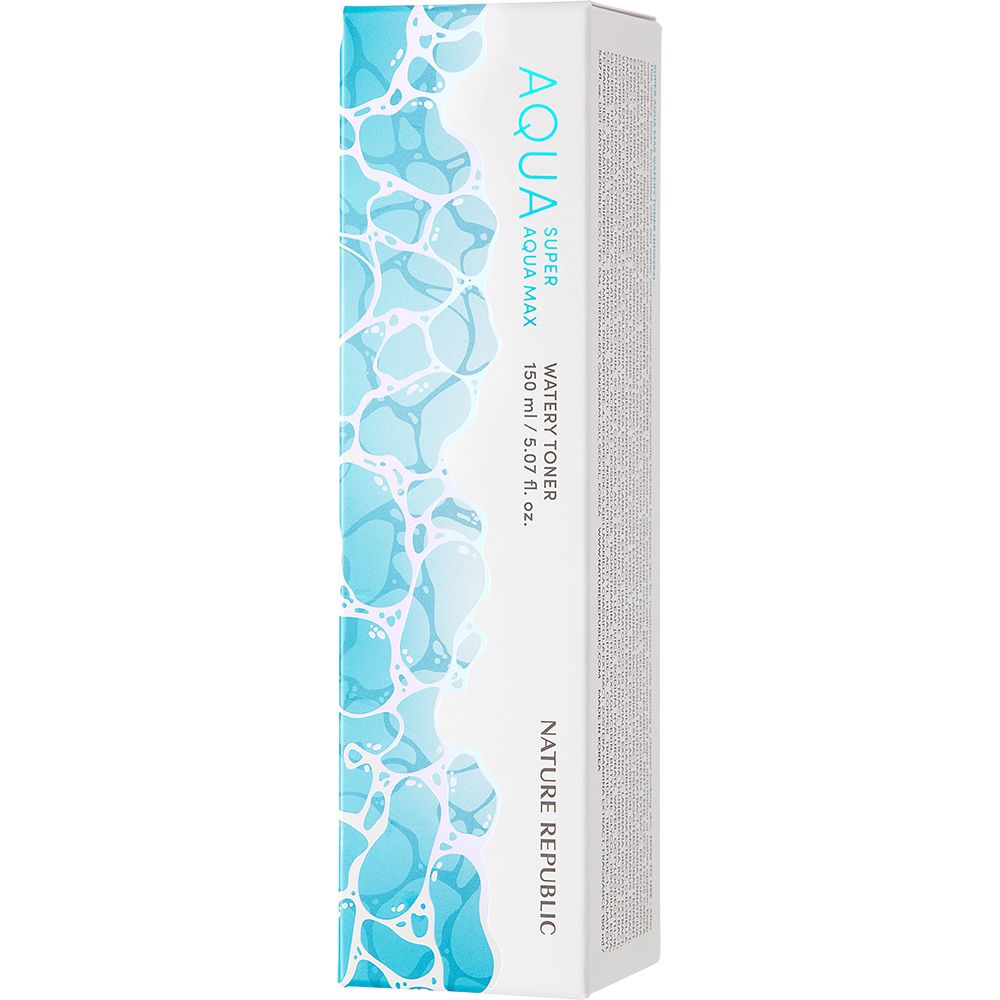 Emballage blanc avec "AQUA SUPER AQUA MAX" et informations produit. Marque: NATURE REPUBLIC.
