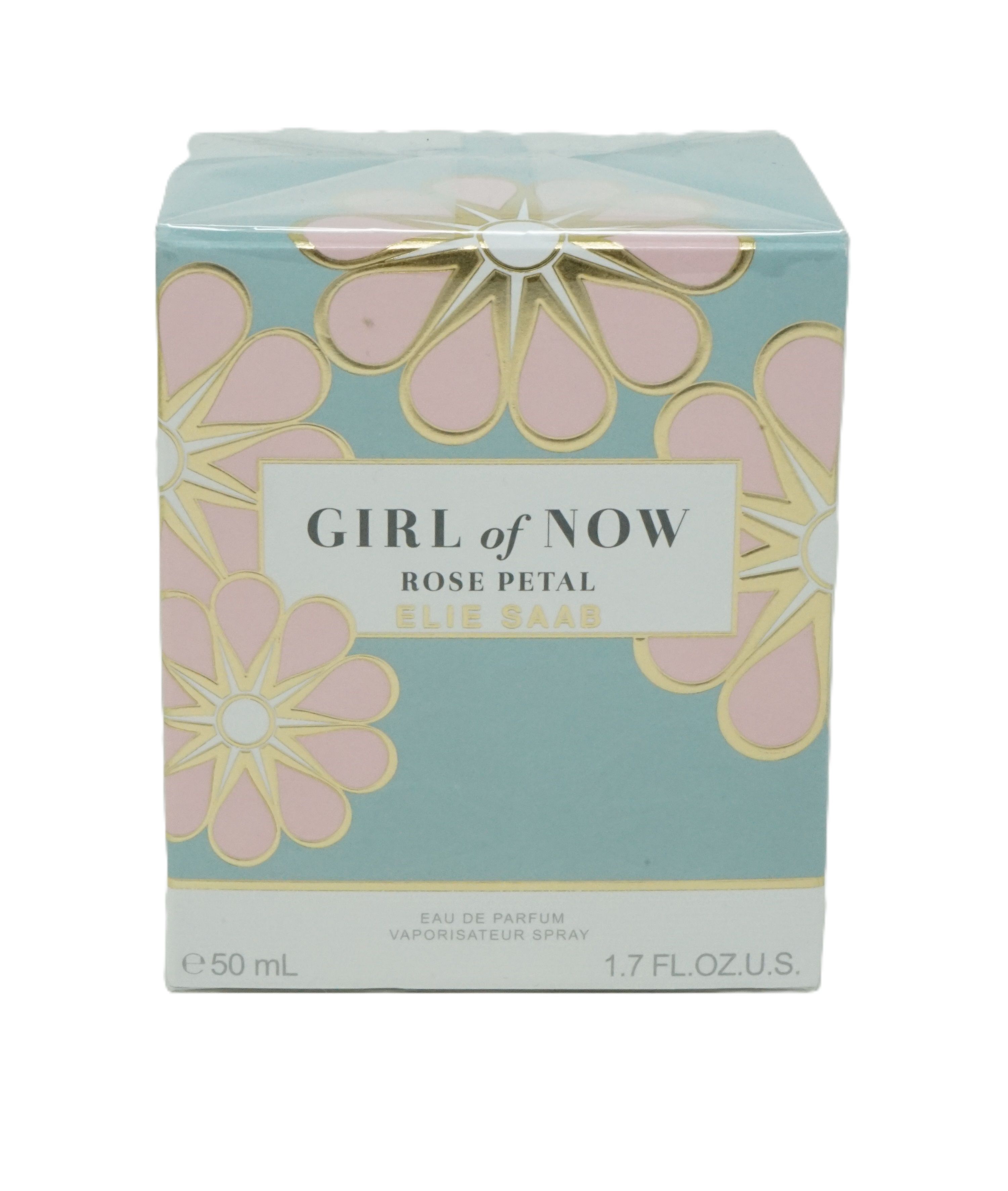 Boîte d'Elie Saab Girl of Now Rose Petal Eau de Parfum, vert menthe avec des fleurs roses et dorées.