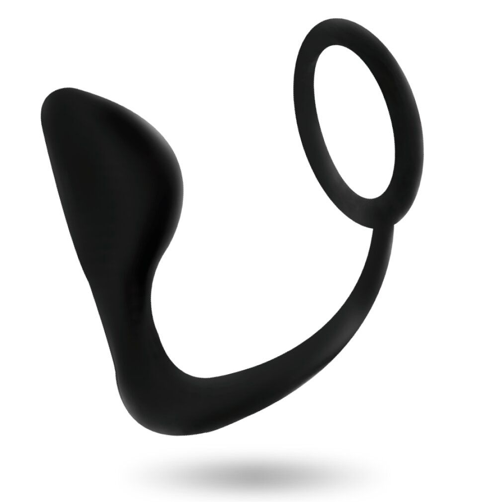 Plug anal flexible noir avec anneau pénien en silicone.