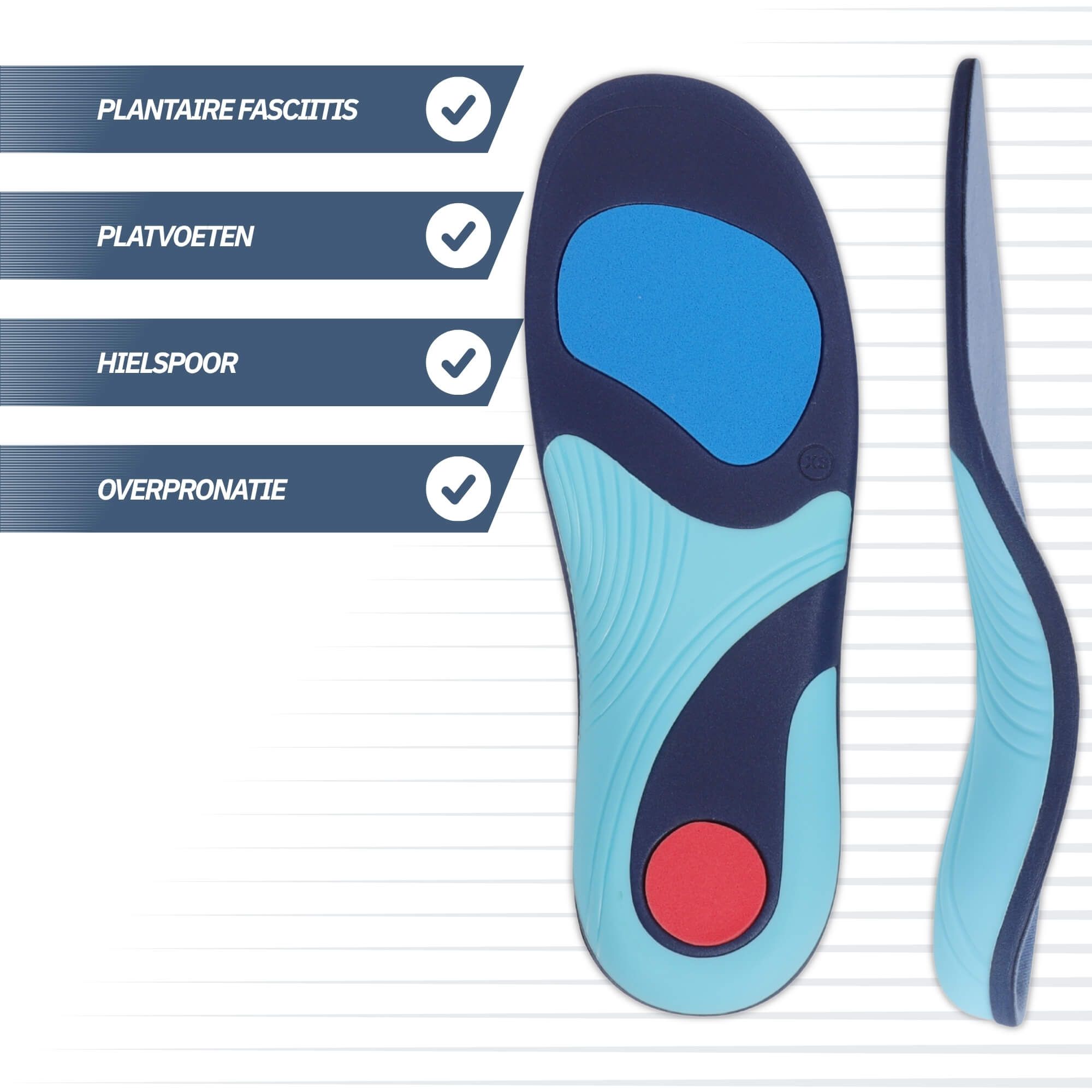 Orthopedische inlegzolen in blauw en turquoise met hiel- en voetboogondersteuning.