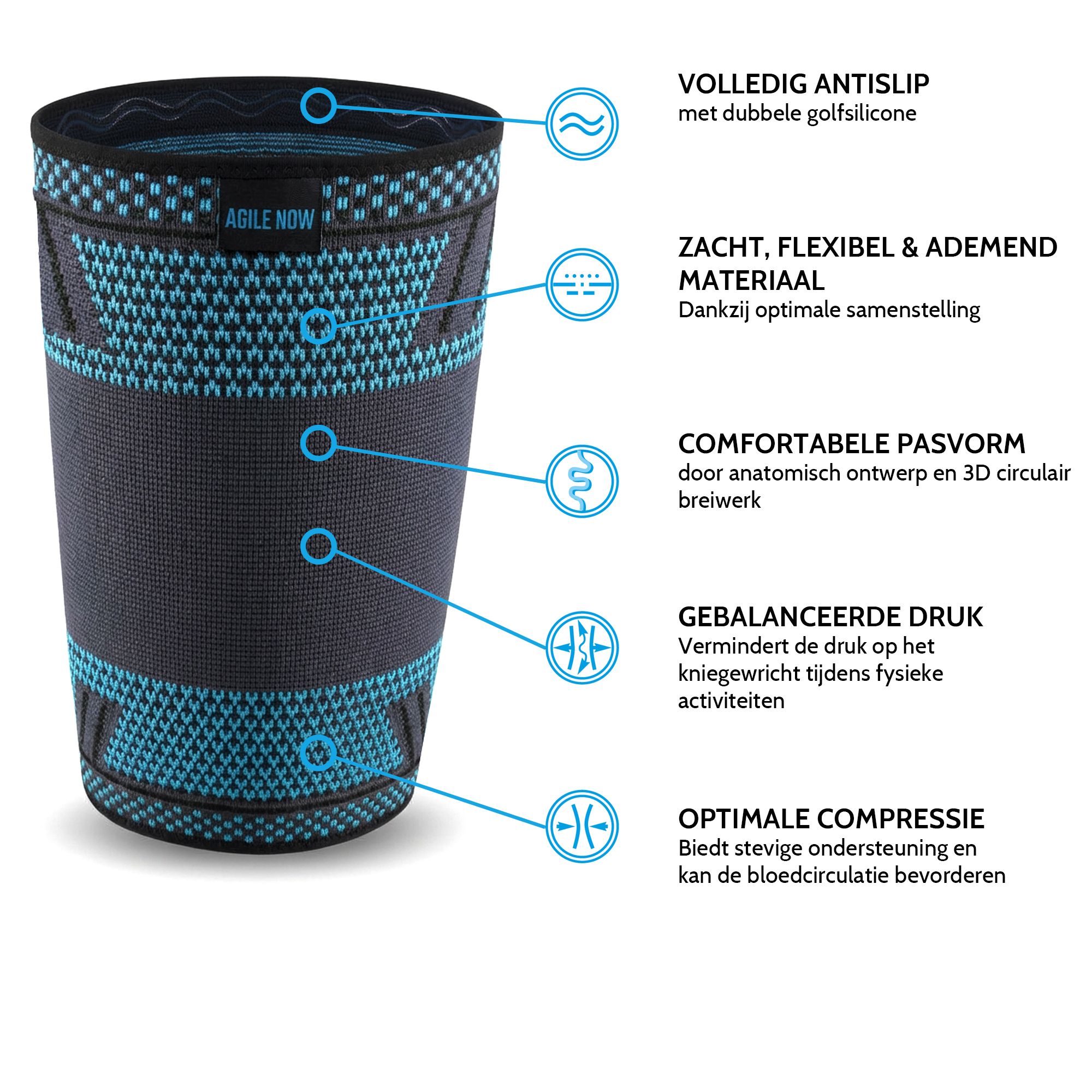 Dijbeenbandage. Zwart-blauw textiel. Anatomische pasvorm. Dual Wave Silicon. Ademend. Optimale compressie.