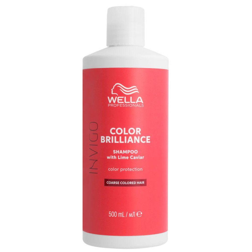 Bouteille rouge avec bouchon blanc. Texte: INVIGO COLOR BRILLIANCE SHAMPOO with Lime Caviar. Texte: COARSE COLORED HAIR. 500 ml.