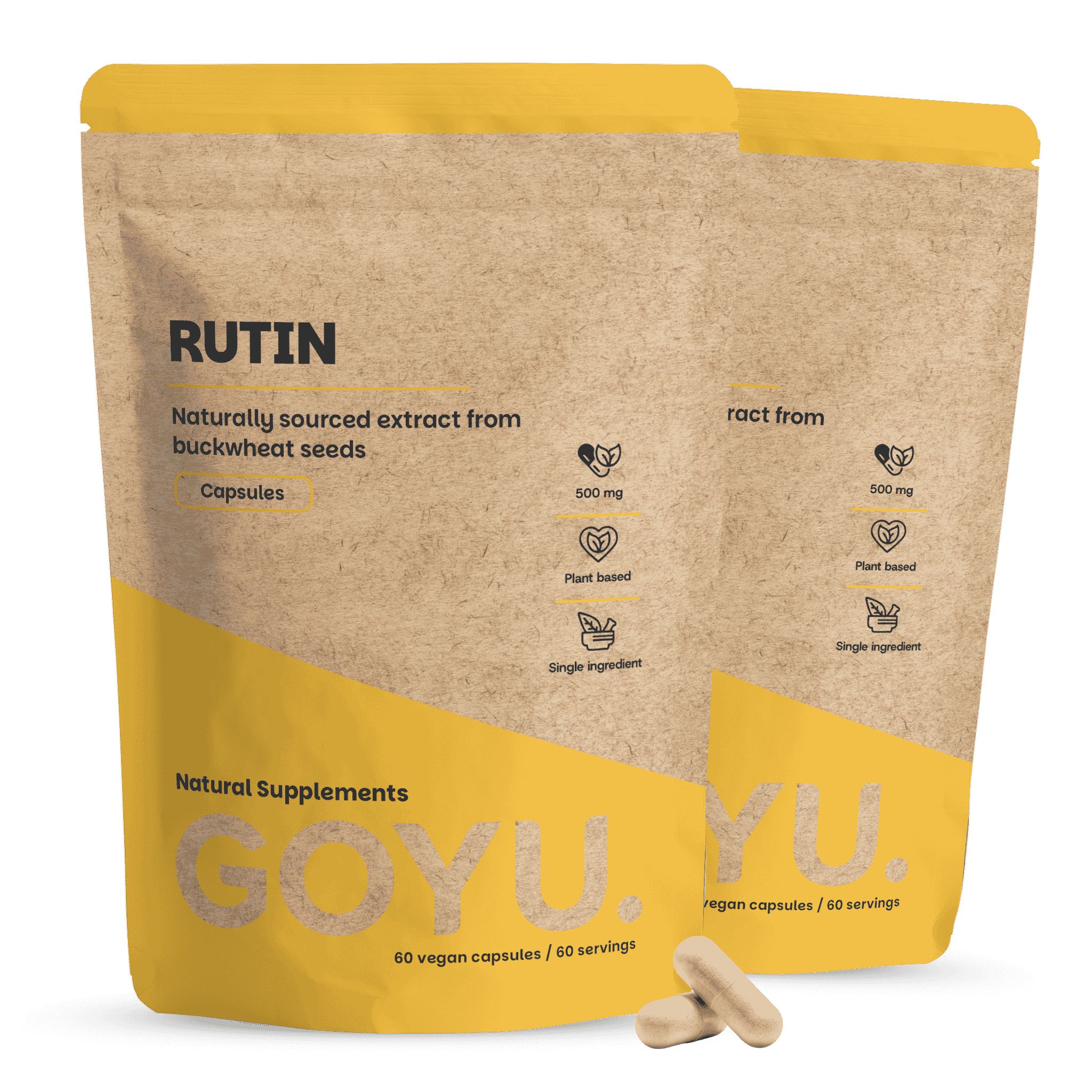 Deux sachets bruns de capsules de rutin, 500 mg, végétal, ingrédient unique.