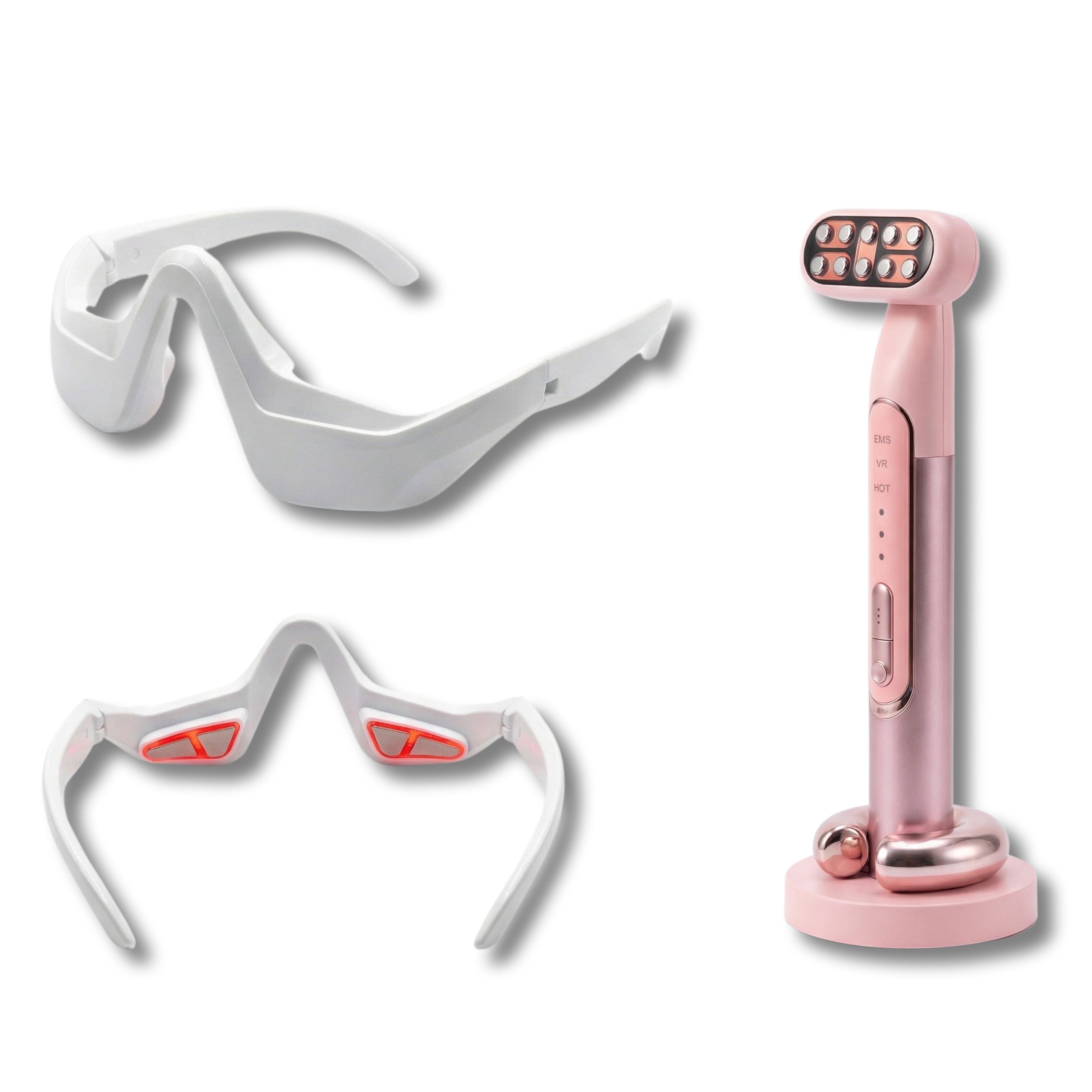 Un appareil anti-âge rose RF EMS LED avec sa base de chargement et un masque oculaire blanc.