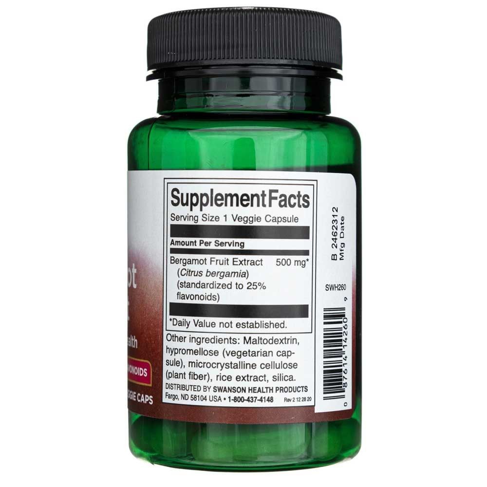 Bouteille verte avec étiquette Supplement Facts : Extrait de fruit de bergamote 500 mg par capsule végétale.