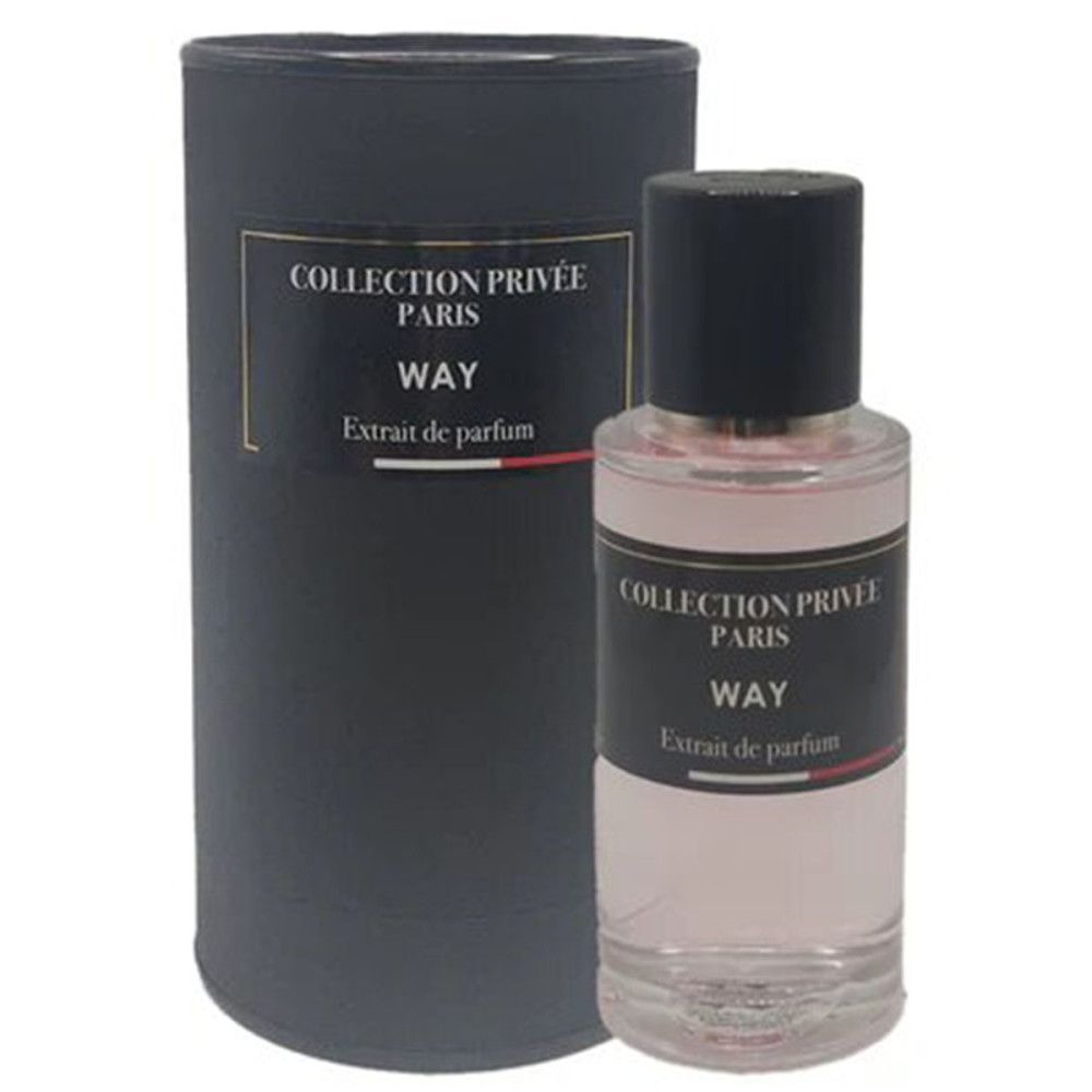 Flacon de parfum et emballage. Flacon avec bouchon noir, liquide rose. Étiquette avec "COLLECTION PRIVÉE PARIS", "WAY".